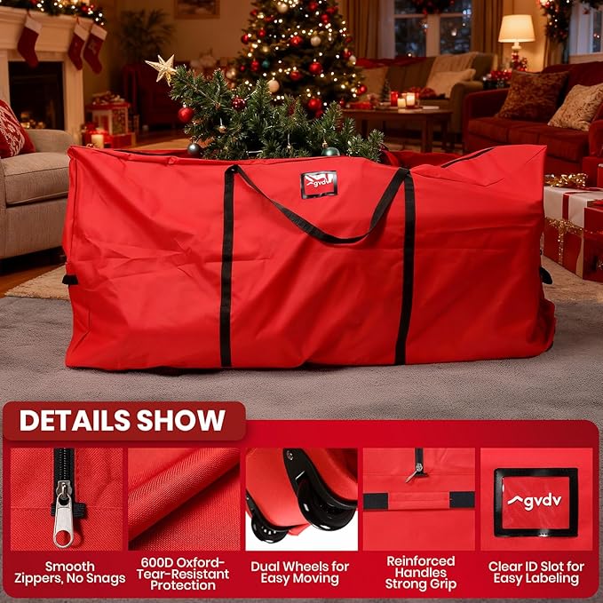 GVDV Rolling Christmas Tree Storage Bag Fits 7.5 Ft Artificial Trees, 600D Oxford Waterproof Heavy Duty Canvas, Large Holiday Xmas Box Container with Wheels, Reinforced Handles & ID Slot, Red