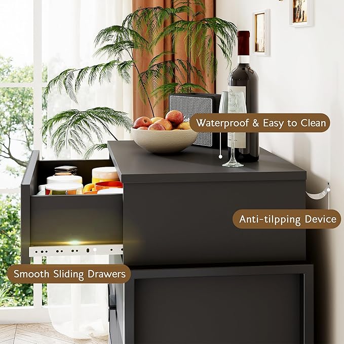 Fluted Dresser for Bedroom with 4 Drawers, 36.2" Tall Chest of Drawers with Raised H Legs and Curved Profile Design, Wood Closet Clothes Storage Organizer for Bedroom, Hallway, Black