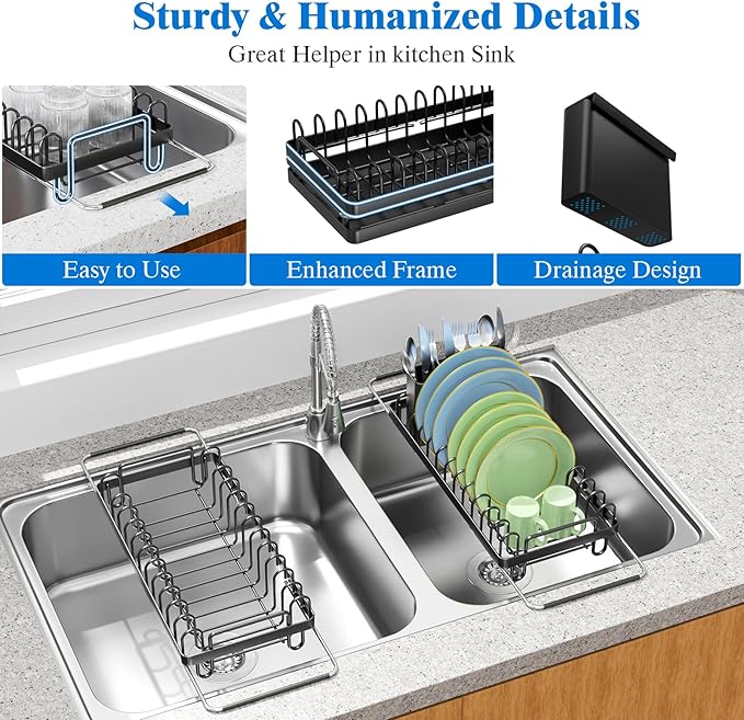 CHLORYARD Small Dish Drying Rack Over The Sink, Compact Dish Rack with Silicone Mat for Kitchen Counter, Expandable Dish Drainers Drying Rack Used in Sink & on Countertop, Black