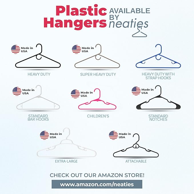 Neaties Plastic Hangers 50 Pack (60 Count) – Made in The USA – 6lb Capacity Standard Clothes Hangers with Strap Hooks for Dresses, Lingerie, Shirts, Pants, and Jackets – Peach