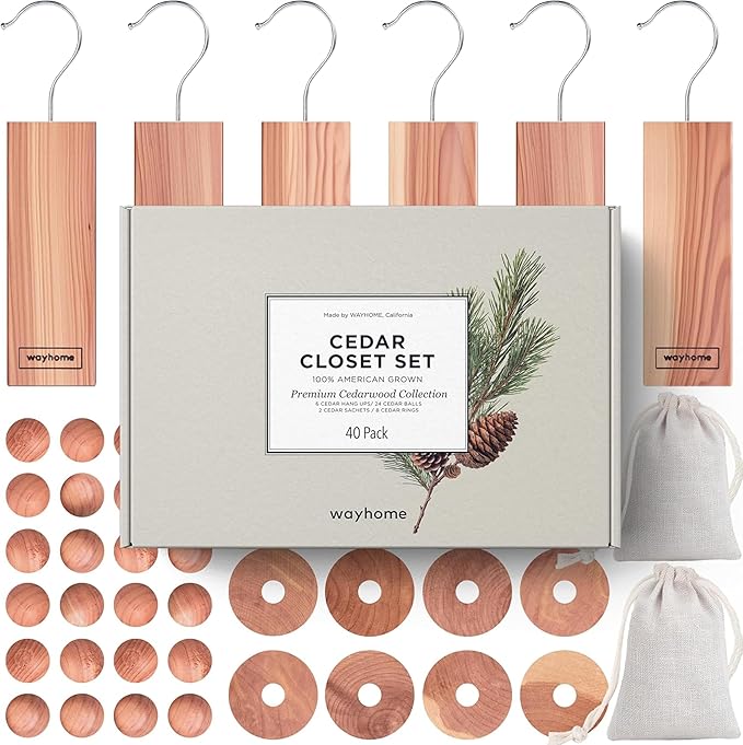 WAYHOME Cedar Blocks for Clothes Storage – 40 Pack Natural Red Cedarwood Closet Set with Cedar Blocks, Rings & Sachets for Drawers, Closets, Shoe Racks, Shelves & Storage
