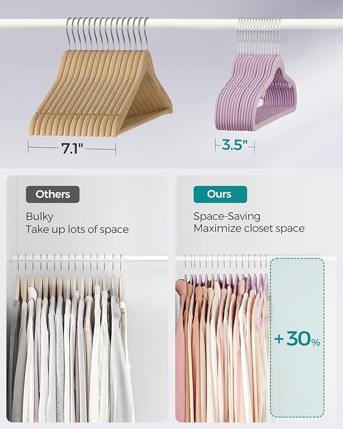 SONGMICS Velvet Hangers 50 Pack, Non-Slip Clothes Hangers, Suit Hangers with Shoulder Notches, Pants Bar, 360° Swivel Hook, Space-Saving, for Closet, Lavender Purple UCRF029GP05