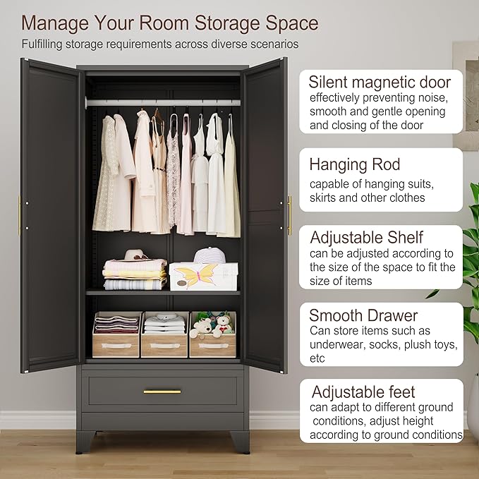 71" H Metal Armoire Wardrobe Closet with Mirror,Household Steel Wardrobe Cabinet with Drawers,Clothing Storage Armoire Cabinet with Adjustable Shelves and Hanging Rod for Bedroom（Black）