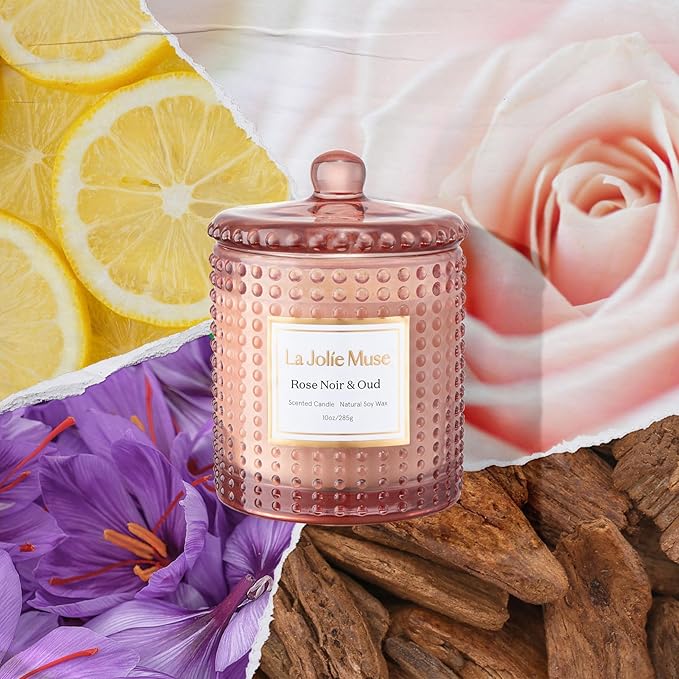 LA JOLIE MUSE Rose Noir & Oud Scented Candle – Lemon, Rose & Oud | 10 oz Natural Soy Wax | 55 Hours Clean Burn | Valentines Day Gifts for Her | Elegant Home Décor