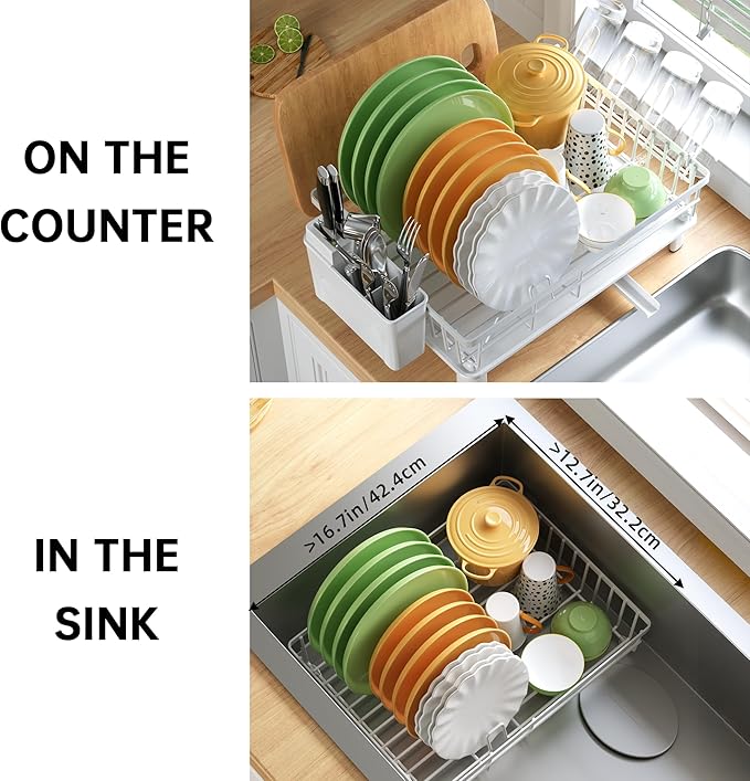 IMXSUMDA Dish Drying Rack, Dish Racks for Kitchen Counter, Detachable Dish Drainer with Drainboard, Utensil Holder, Cup Holder, Space Saving Kitchen Drying Rack for Small Home and Appartment, White