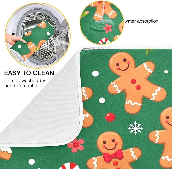Christmas Gingerbread Man Dish Drying Mat for Kitchen Countertop 18x24 Winter Snowflake Candy Cane Green Large Drying Mat Reusable Quick Dry Dish Sink Mats Easy Clean Decorative Essentials