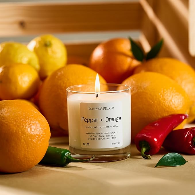 Outdoor Fellow Pepper + Orange Candle, 8oz, Coconut & Apricot Wax Blend, Bergamot, Neroli, Chili Pepper, 40+ Hour Burn Time, Citrus Scented Candle, Vibrant Home Fragrance