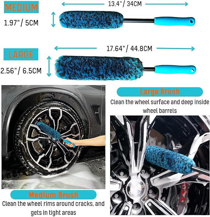 oesee PRO Choice 4 Pack Long Handle Wheel Brush Kit for Cleaning Wheel and Tire- 2X Soft Wheel Cleaning Brush, Detailing Brush and Stiff Tire Brush