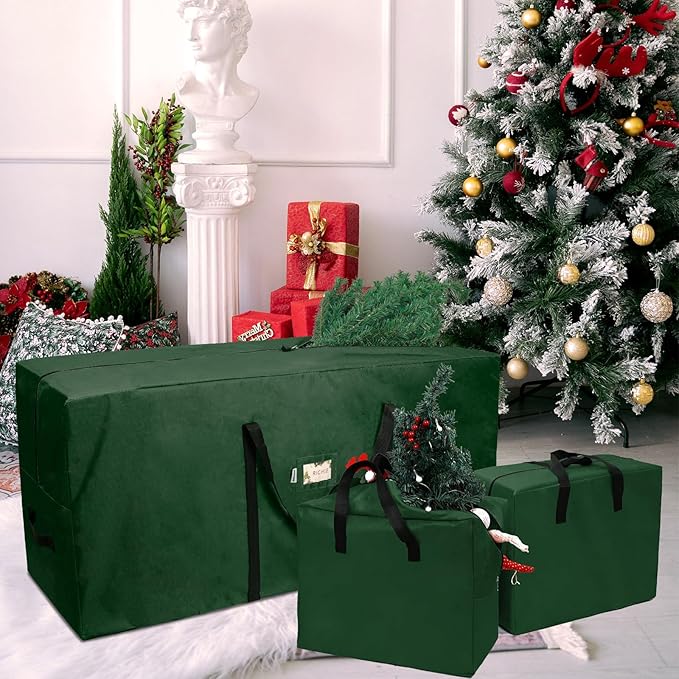 Christmas Tree Storage Bag 9 ft (3pc Set), Fits Up to 9 Foot Artificial Trees, 600D Oxford Tear-proof Xmas Tree Bag, Reinforced Handles&Zippered&Durable, Holiday Decoration Storage Bags, Green