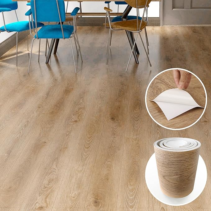 Lareko 18 Sq.Ft,Wood Peel and Stick Floor Tiles,12 Pack Brown Vinyl Flooring (No Adhesive Residue) 36"×6" Waterproof and Non-Slip Laminate Flooring for Renters Bathroom, Living Room(Honey）