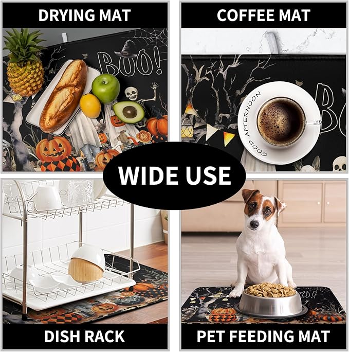 Kwlegh Halloween Dish Drying Mat for Kitchen Counter 18x24 Inch Black Ghost Pumpkins Dog Boo Skull Dishes Drainer Mats Absorbent Microfiber Washable Dish Draining Pad for Sink Coffee Bar