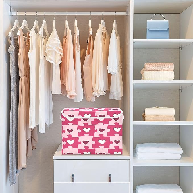 Bolaz Heart Shaped Love Puzzle Storage Bins with Lids and Handles, Foldable Storage Box Storage Basket with Cover Collapsible Organizer Containers for Home Closet, Shelves