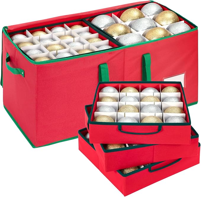 Large Christmas Ornament Storage Box With Adjustable Dividers,Ornament Storage Container with 8 Removable Trays for 128 Holiday Decorations,Red