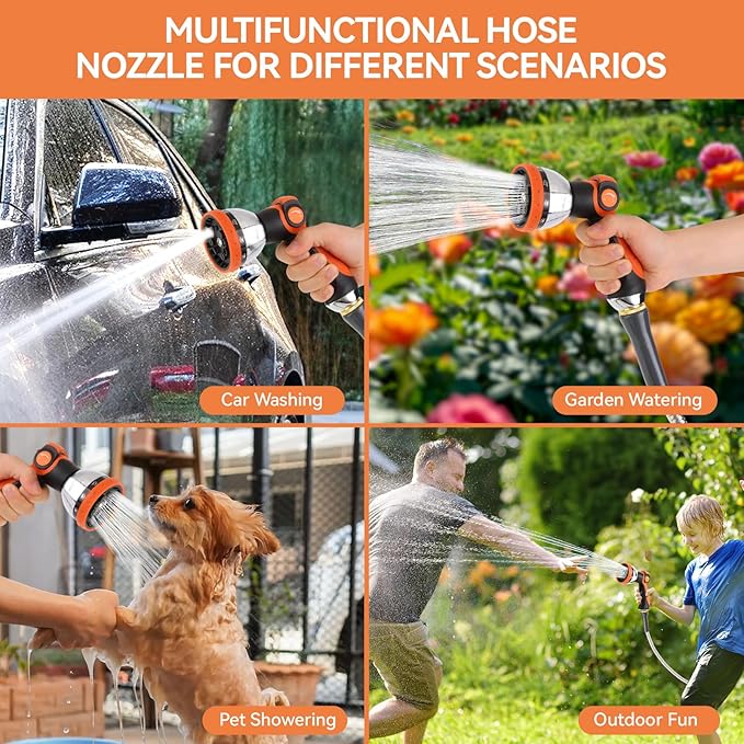 AnyEasy Garden Water Hose Nozzle Metal Heavy Duty Sprayer Thumb Control with 10 Spray Modes Suitable for Watering Plants, Iawn and Garden, Car Washing, Cleaning, Showering Pets and Outdoor Fun, Orange
