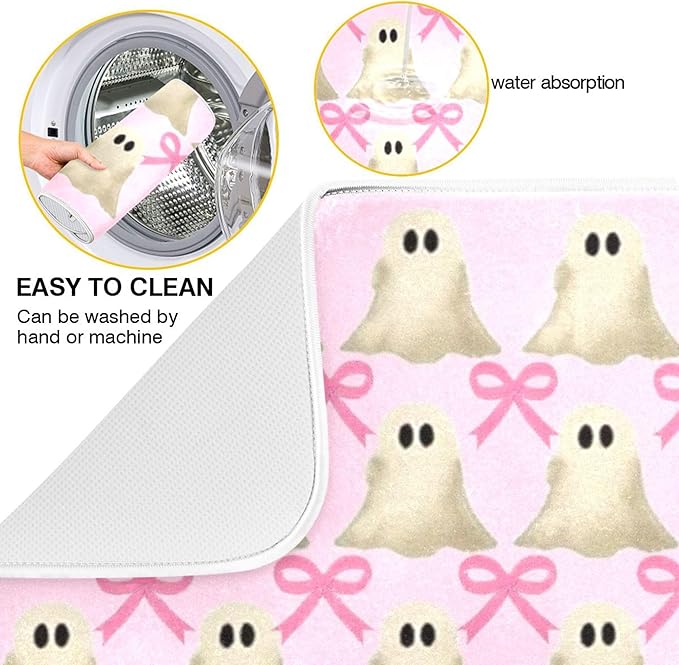 Halloween Ghost Bow Dish Drying Mat for Kitchen Countertop 18x24 Pink Bowknot Spooky Large Drying Mat Reusable Quick Dry Dish Sink Mats Easy Clean Decorative Essentials