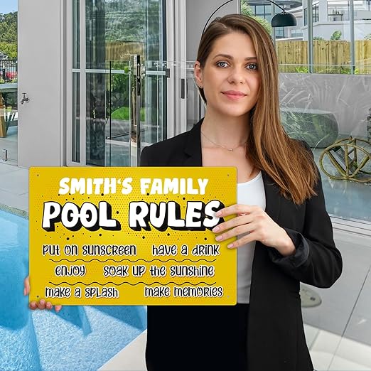 Custom Pool Sign, Pool Rules Put On Sunscreen for Pool Décor Sign, 12x18 Inches, Rust Free .063 Aluminum, Fade Resistant, Made in USA by Sigo Signs