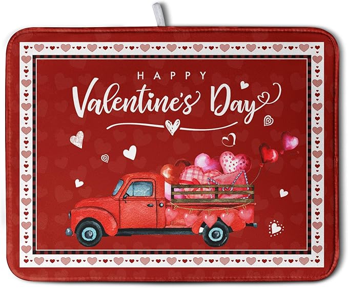 Kwlegh Valentine Red Truck Love Heart Dish Drying Mat 16x18 Inch Happy Valentine's Day Drying Mat for Kitchen Counter Microfiber Dish Drainer Mats Absorbent Dish Rack Pad for Home Coffee Bar Sinks