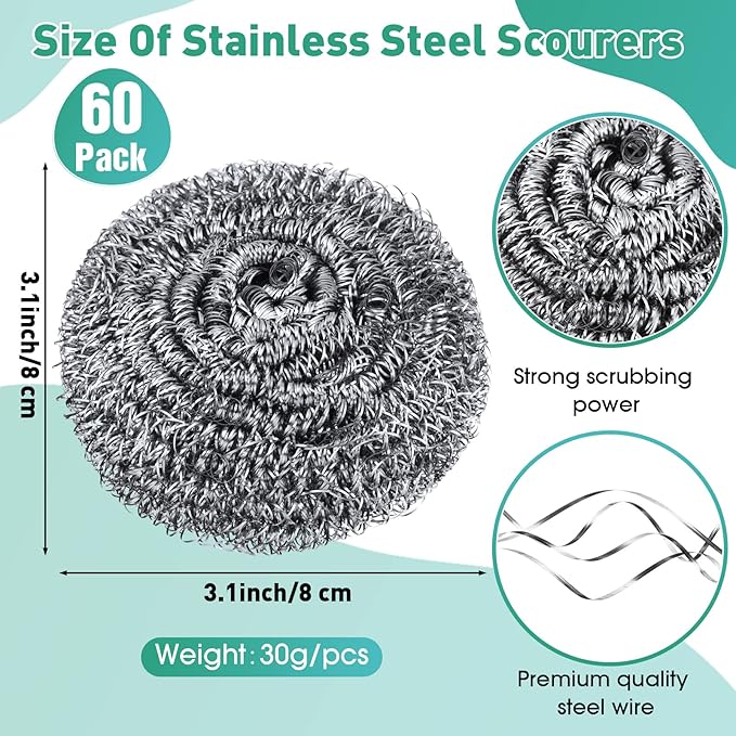 Roshtia 60 Pieces Stainless Steel Scouring Pad Bulk Metal Scrubber for Cleaning Dish 30 Gram Stainless Steel Sponge Round Metal Wool Scrubber for Cleaning Kitchen Bathroom Household