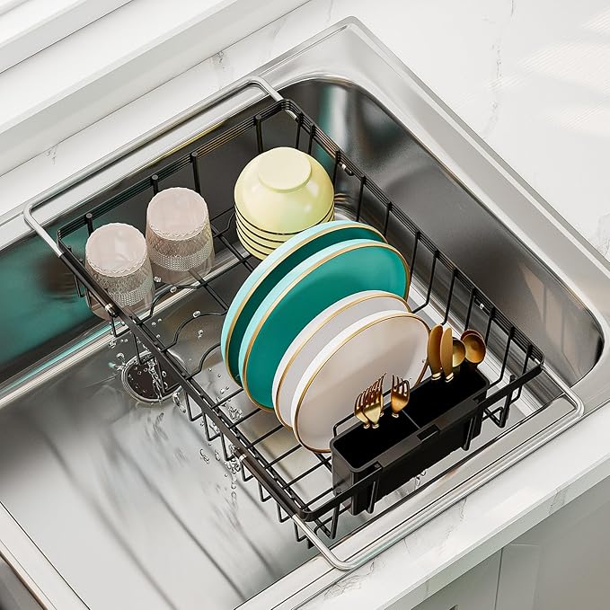 HANLE Small Dish Drying Rack in Sink, Expandable Stainless Steel Dish Drainers for Kitchen Counter, with Drain Board & Utensil Holder(Black)