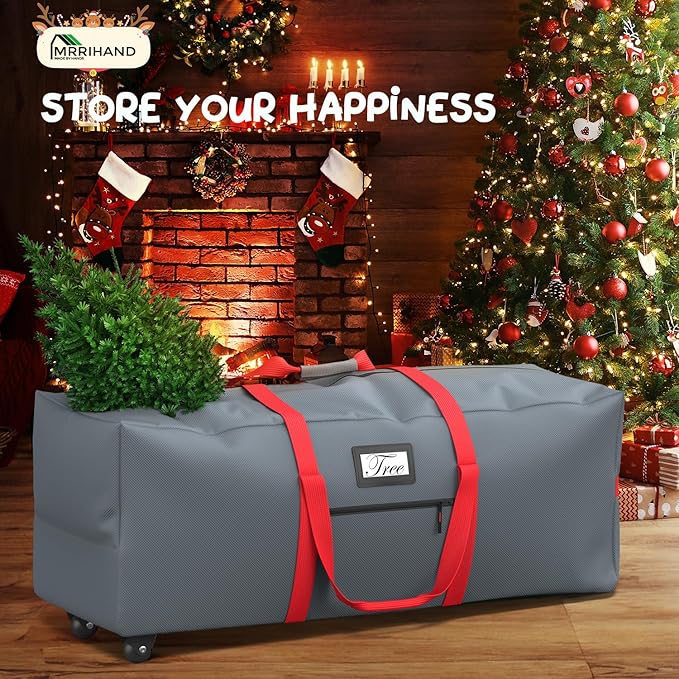 Mrrihand Christmas Tree Storage Bag, Large Artificial Anti-Tear Heavy-Duty 600D Oxford Cloth Xmax Christmas Tree Storage Box with Rolling Wheels, Christmas Tree Storage Container (Grey&Red, 9Ft)