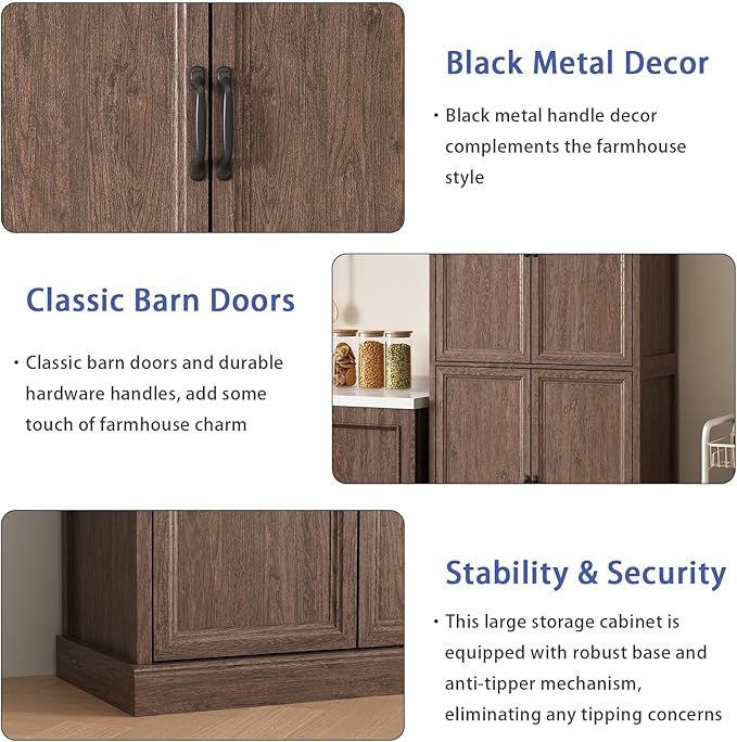 71'' Tall Pantry Cabinet, Farmhouse Kitchen Pantry Storage Cabinet with Barn Door and Adjustable Shelves, Rustic Wood Freestanding Cupboard Storage Organizer for Kitchen, Dining Room, Brown