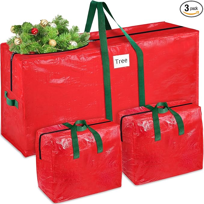 Christmas Tree Storage Bag 9 Ft With 2 Large Tinsel Garland Bags, Waterproof Material, Reinforced Handles & Dual Zipper (Red)