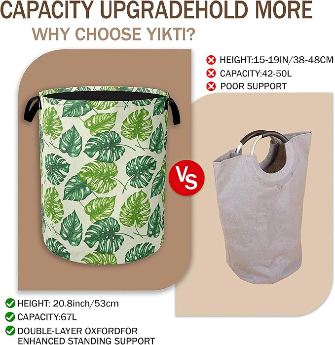 Collapsible Laundry Basket,Tropical Palm Leaves Dirty Clothes Hamper,Green Leaf Hampers for Bedroom Waterproof Oxford Cloth Storage Organizer for Bathroom,Nursery,Dorm,16x20 Inch