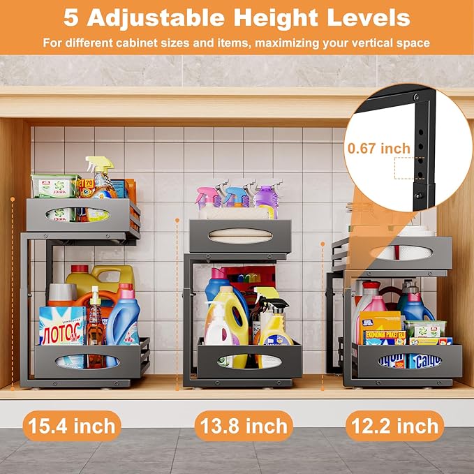 mixeshop Under Sink Organizer, 2 Tier Under Sink Organizers and Storage, Adjustable Height, Slide out Metal Cabinet Organizers, Pull out Cabinet Storage Drawer Shelf for Kitchen Bathroom Black 2Pack