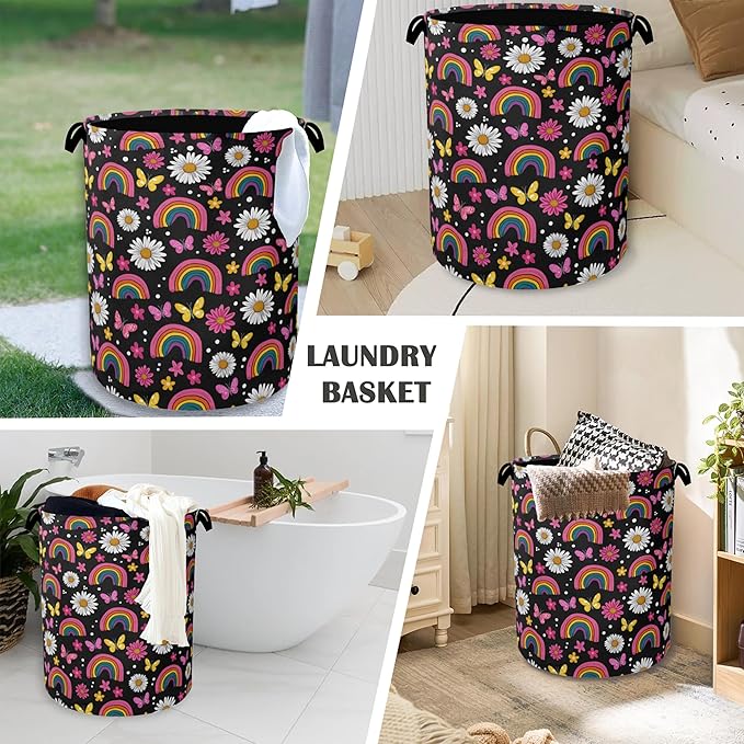 Rainbow Boho Butterfly Laundry Basket,Daisy Oxford Cloth Laundry Hamper with Handle Foldable Portable Clothes Storage Basket for Bathroom Bedroom Dorm Room 16" x 20.8"