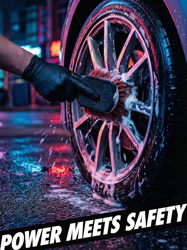 TAKAVU Wheel Tire Brush - Soft Bristle with Short Handle, Included Detailing Brush - Car Cleaning Kit for Rims, Tires, Interior Vents, Emblems - Scratch Safe