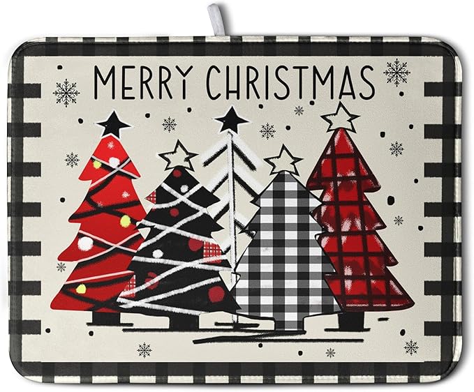 Kwlegh Christmas Trees Kitchen Dish Drying Mat 18x24 Inch Merry Christmas Black White Buffalo Plaid Dish Drainer Mat Absorbent Reversible Microfibe Drying Dish Pad for Winter Kitchen Counter Decor