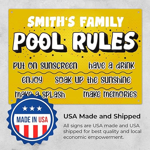 Custom Pool Sign, Pool Rules Put On Sunscreen For Pool Décor Sign, 10x14 Inches, Rust Free .040 Aluminum, Fade Resistant, Made in USA by Sigo Signs