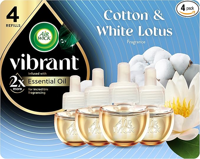 Air Wick Vibrant Plug In Scented Oil Refill, Infused with Essential Oils, Plug In Air Fresheners for Home, Cotton & White Lotus, 4 ct