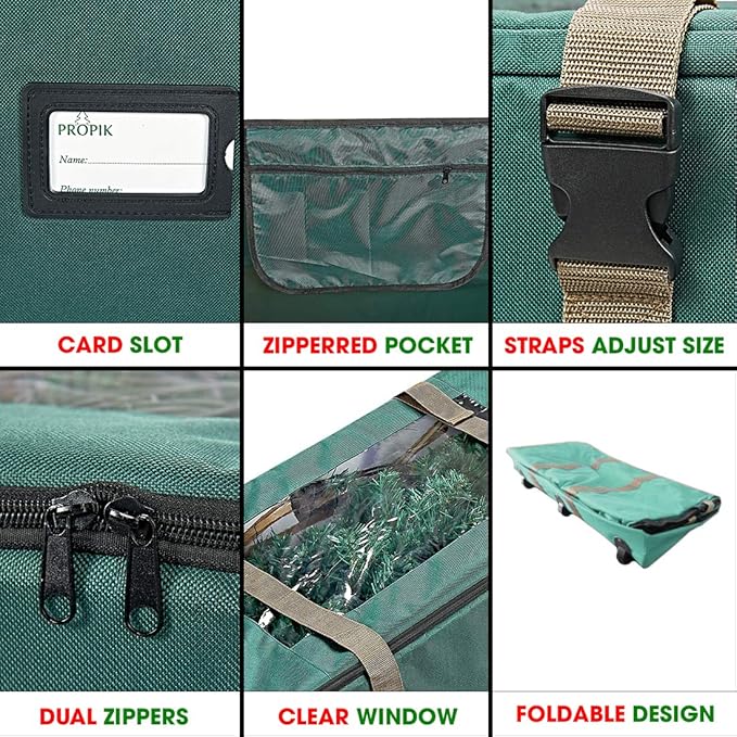 ProPik Rolling Christmas Tree Storage Bag, Fits Up to 9 Foot Tall Disassembled Trees, 25" X 25" X 60", Extra Large Heavy Duty Xmas Container with Wheels, Handles and Straps (Green)