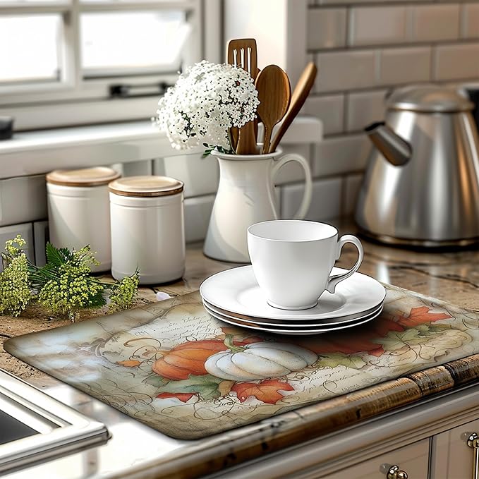 Wnoesat Autumn Kitchen Drying Mat 18x24 Inch Fall Pumpkin Maple Leaves Dish Drying Mats for Kitchen Counter Thanksgiving Absorbent Microfiber Dish Rack Mat for Coffee Bar Sink