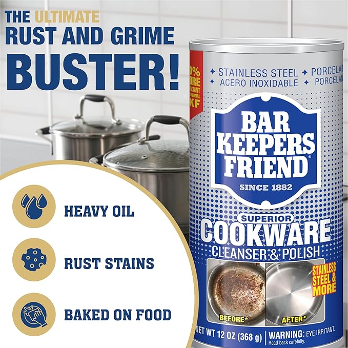 Bar Keepers Friend Cookware Cleanser & Polish (2 x 12 oz) Stainless Steel Cleaner & Degreaser for Pots, Pans, Bakeware & Grills - Removes Sticky Residue, Rust Stains & Lime Deposits