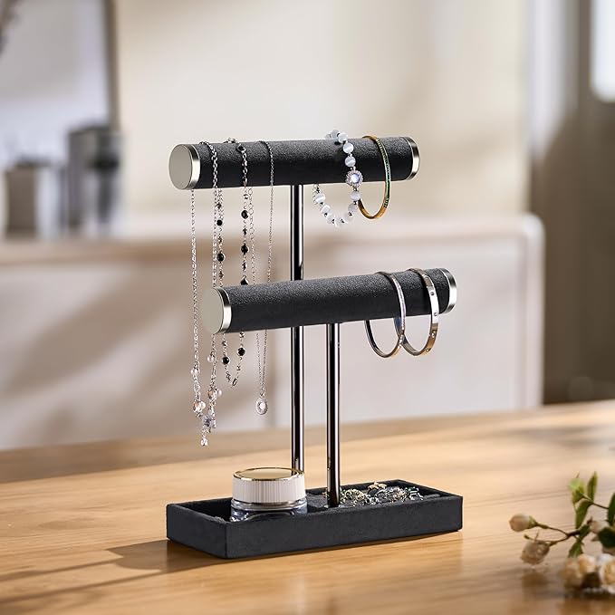 bussdis 2 Tier Bracelet Holder Display - Detachable T Bar Black Velvet Bracelet Holder, Jewelry Holder Organizer for Bracelet, Necklace, Earrings, Rings