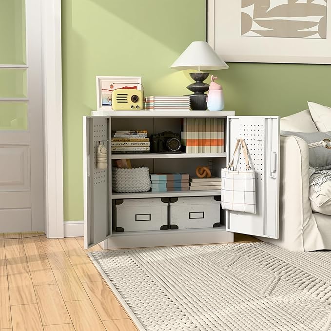 Aobabo 31.5" H Metal Storage Cabinet with 2 Shelves, Lockable Steel Cabinet with 4 Hooks for Home Office Garage, White, Assembly Required