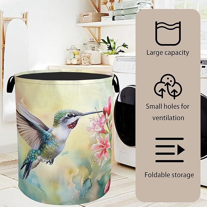 Summer Hummingbird Laundry Basket with Handles - Extra Large Foldable Hamper for Bathroom/Laundry/Bedroom/Dorm, Washable Fabric Storage Bin