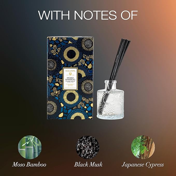 Voluspa Moso Bamboo Scented Reed Diffuser, 3.4 oz, Luxury Bamboo Diffuser, Oil Reed Diffusers for Home, Handcrafted in The USA