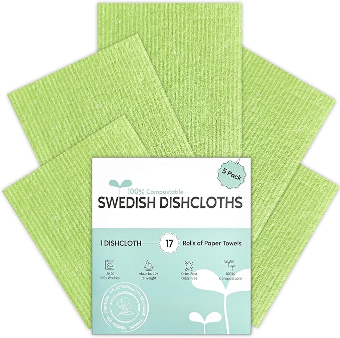 Auggee Swedish Dishcloths for Kitchen, 5 Pack Swedish Dish Cloths, Ultra Absorbent Reusable Paper Towels, Cellulose Sponge Cloths, Quick Drying, No Odor, Dishwasher Safe Green
