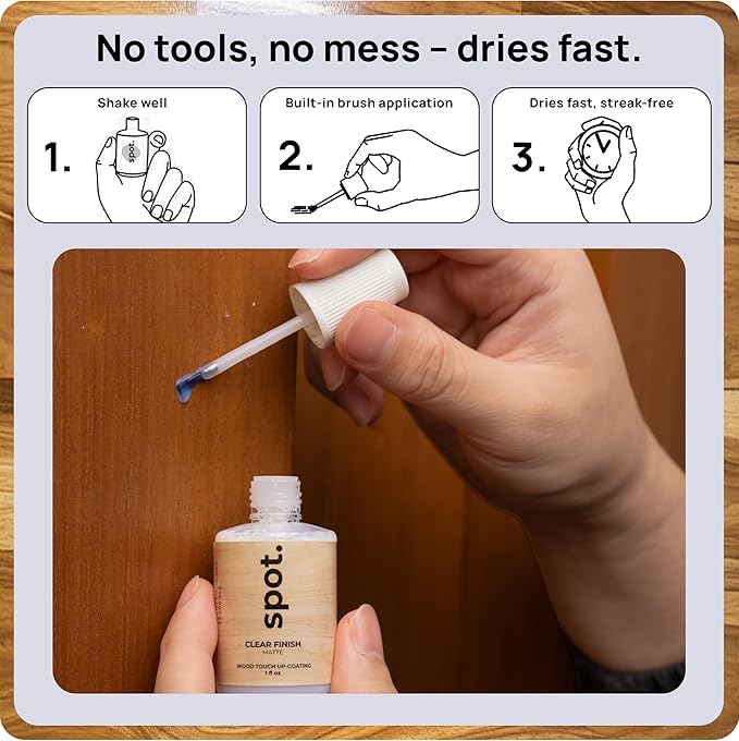 Clear Coat for Wood Stain Repairs, Brush-On Matte and Gloss Finish, Sealing and Sheen Matching, Interior and Exterior Wood, 2 fl oz Total by spot.