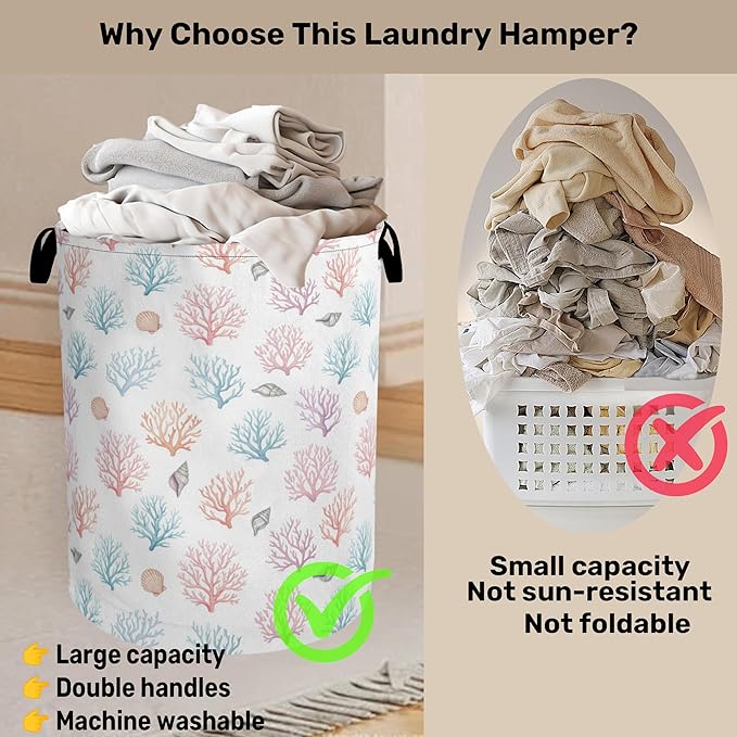 Starfish Coral Foldable Laundry Hamper - Waterproof Fabric Storage Basket with Handles, Clothes Hampers for Laundry,Bedroom,Dorm