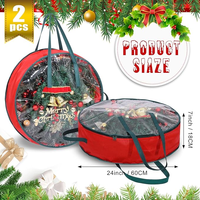 Shappy 2 Pcs Christmas Wreath Storage Bag Clear Wreath Box Wreath Storage Containers with Clear Window and Handle Christmas Garland Storage Containers for Xmas Holiday Seasonal Storage (24 Inch)