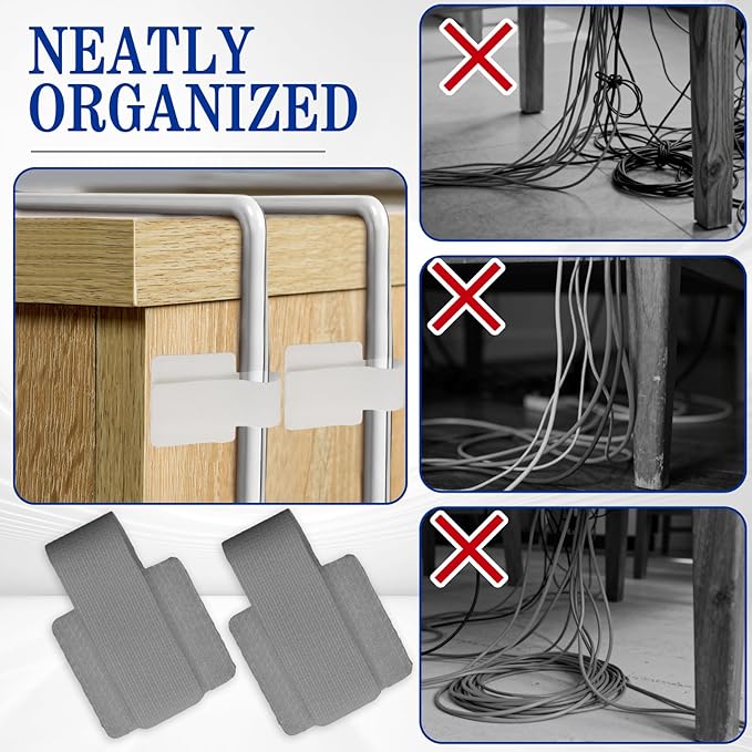 Rierdge Cable Management Kit - 40 Heavy-Duty Self-Adhesive Hook & Loop Ties with 2 Extra-Long Extension Straps for Desk, Home Office & Workshop (White & Gray)