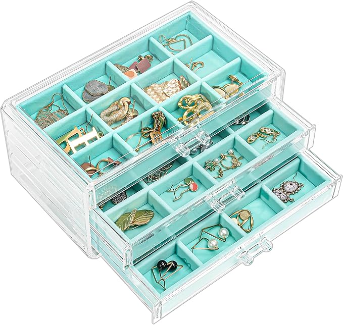 ProCase Earring Holder Organizer Jewelry Box with 3 Drawers, Acrylic Clear Earring Case with Adjustable Velvet Trays for Women - Aqua, 3 Layers