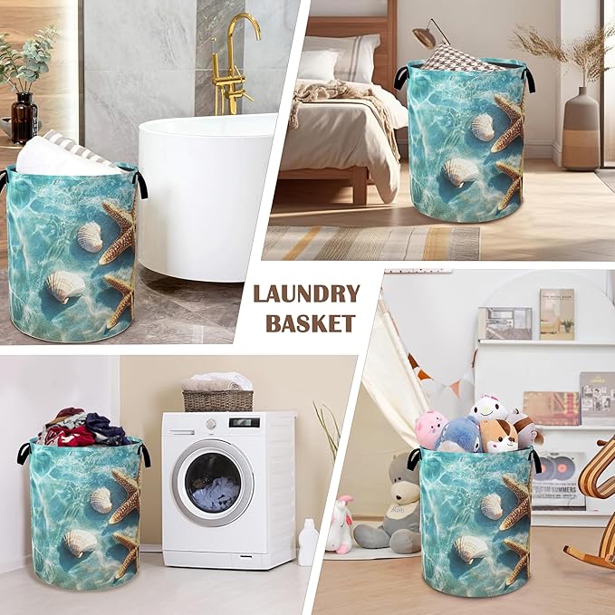 Starfish Shells Laundry Basket,Sea Beach Collapsible Laundry Baskets with Handles,Waterproof Oxford Cloth Storage Basket 16"x20" for Bathroom/Bedroom/Dormitories