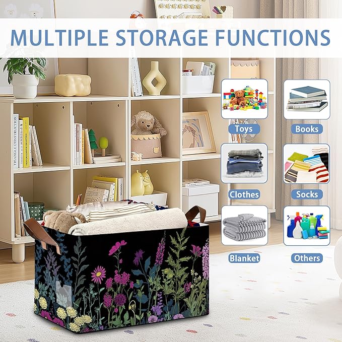Vintage Wildflowers Storage Baskets,Garden Plants Herb Foldable Large Capacity Organizer Bins with Waterproof Lining and Leather Handles for Closet,Shelf,Bedroom 17x11.5x10Inch