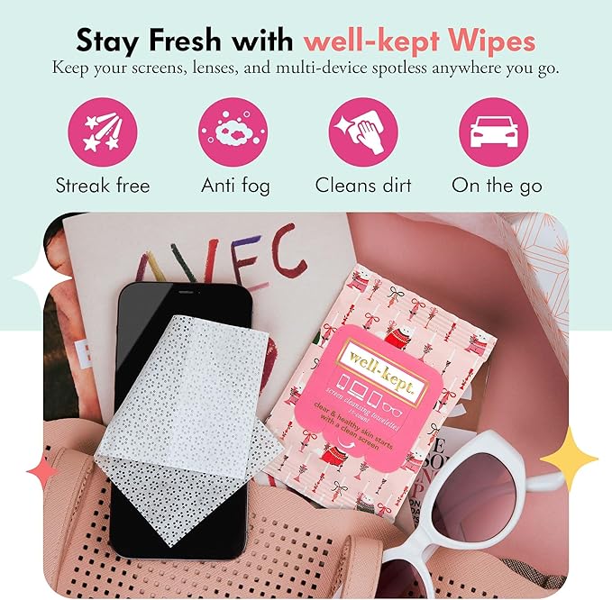 Well-Kept Tech & Lens Wipes - Eyeglass, Screen & Phone Cleaning, Multi-Surface, Lint-Free, Pre Moistened, Streak-Free & Non Scratching - Choupette, 12 Pack (180 Count)