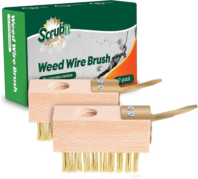 SCRUBIT Moss & Weed Remover Wired Grout Cleaner Brush, Great for Cleaning Decks, Pavers, Patios & Walkways Weed Scraper & Wire Brush Set, Combo w/2 Brush Heads & Scraping Hook - Grout Remover Tool